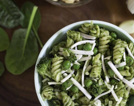 green pesto pasta with vegetables