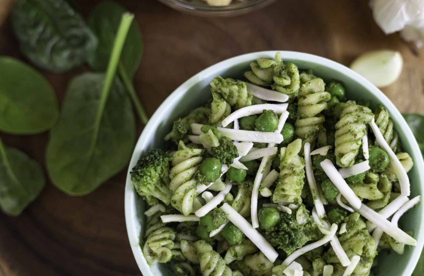 green pesto pasta with vegetables