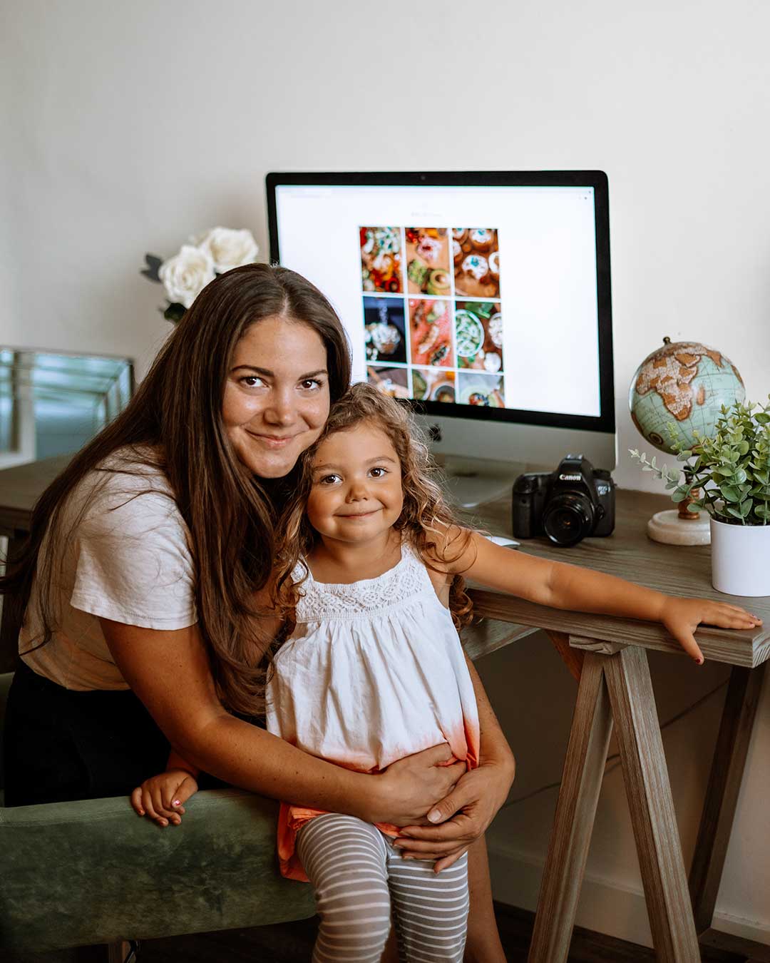 mom and olive editing photos for popsicle blog