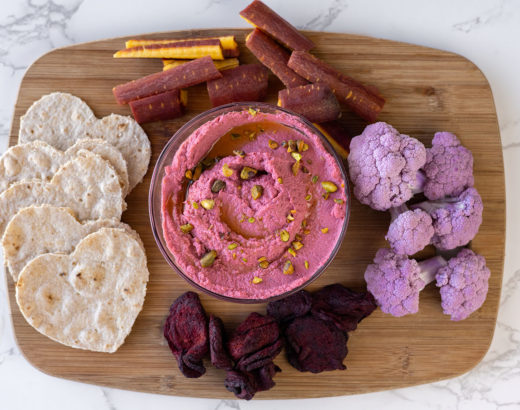 Beet hummus with valentines day sides