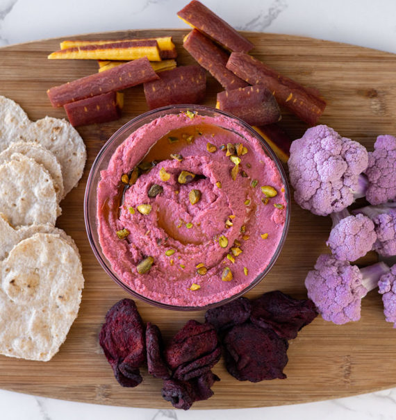 Beet hummus with valentines day sides